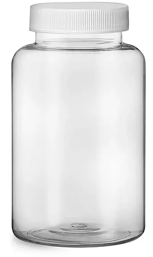 250 cc Plastic Bottles, Clear PET Wide Mouth Packer Bottles w/ White Ribbed Induction Lined Caps