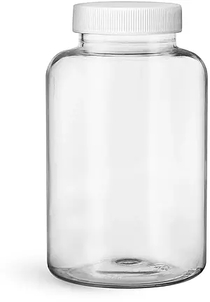 300 cc Plastic Bottles, Clear PET Wide Mouth Packer Bottles w/ White Ribbed Induction Lined Caps