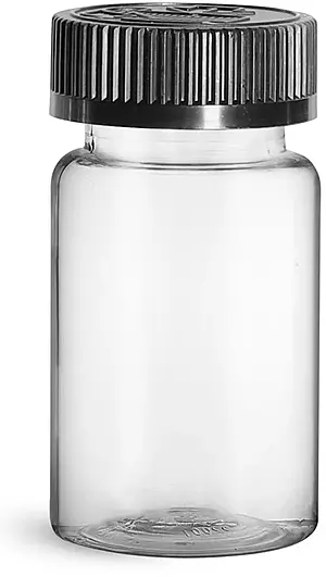 100 cc Plastic Bottles, Clear PET Wide Mouth Packer Bottles w/ Black Child Resistant Caps