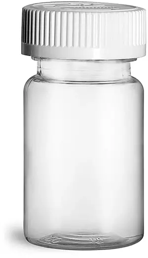 75 cc Plastic Bottles, Clear PET Wide Mouth Packer Bottles w/ White Child Resistant Caps