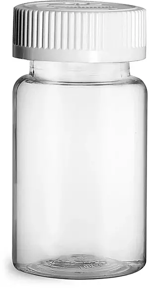100 cc Plastic Bottles, Clear PET Wide Mouth Packer Bottles w/ White Child Resistant Caps