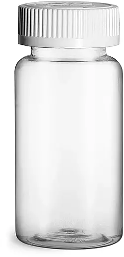 150 cc Plastic Bottles, Clear PET Wide Mouth Packer Bottles w/ White Child Resistant Caps