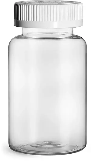 250 cc Plastic Bottles, Clear PET Wide Mouth Packer Bottles w/ White Child Resistant Caps