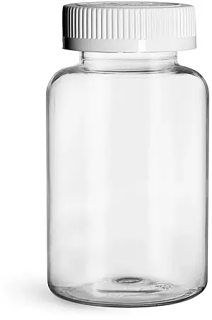 300 cc Plastic Bottles, Clear PET Wide Mouth Packer Bottles w/ White Child Resistant Caps
