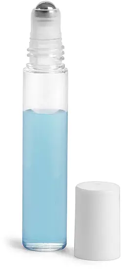 10.6 ml w/ White Cap Clear PET Roll On Containers w/ Stainless Steel Balls and Caps