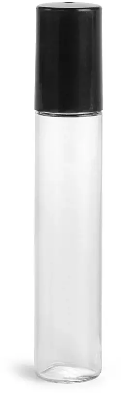 10.6 ml w/ Black Cap Clear PET Roll On Containers w/ Stainless Steel Balls and Caps