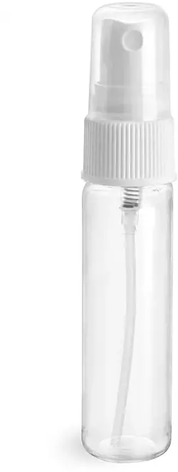 1 oz Clear PET Slim Line Cylinder Bottles w/ White Ribbed Sprayers