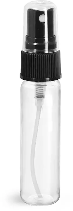 1 oz Clear PET Slim Line Cylinder Bottles w/ Black Ribbed Sprayers