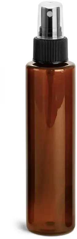 4 oz w/ Black Ribbed Sprayer Amber PET Slim Line Cylinder Bottles w/ Black Sprayers