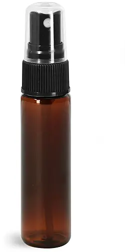 1 oz w/ Black Ribbed Sprayers Amber PET Slim Line Cylinder Bottles w/ Black Sprayers
