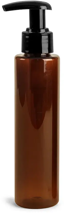 4 oz Amber PET Slim Line Cylinder Bottles w/ Black 2 cc Lotion Pumps