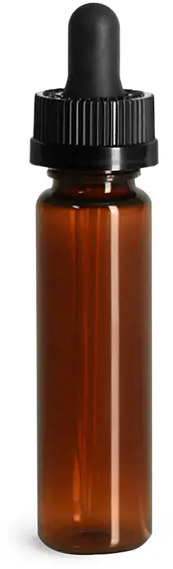 1 oz Plastic Bottles, Amber PET Slim Line Cylinder Bottles w/ Black Child Resistant Glass Droppers
