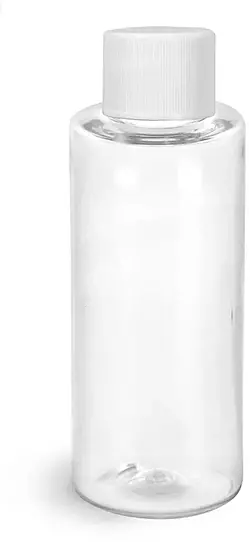 2 oz Clear PET Cylinder Round Bottles w/ White Lined Screw Caps