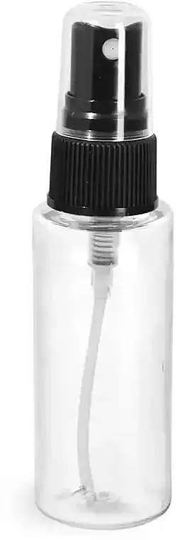 2 oz Clear PET Cylinder Bottles w/ Black Fine Mist Sprayers