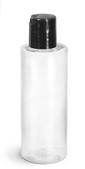 4 oz Clear PET Cylinder Round Bottles w/ Black Disc Top Caps