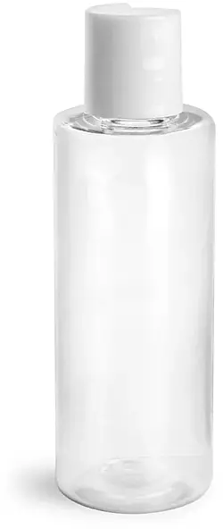 4 oz Clear PET Cylinder Round Bottles w/ White Disc Top Caps