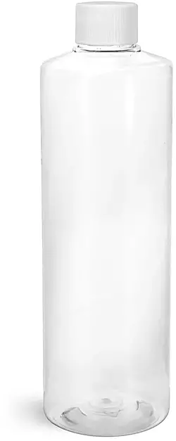 16 oz Clear PET Cylinder Bottles w/ White PP Ribbed Caps