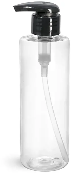 8 oz Clear PET Cylinder Round Bottles w/ Black Lotion Pumps
