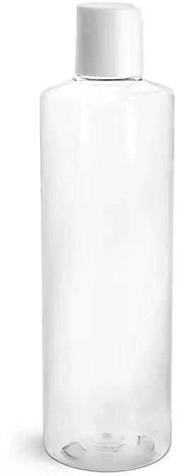 8 oz Clear PET Cylinder Round Bottles w/ White Disc Top Caps