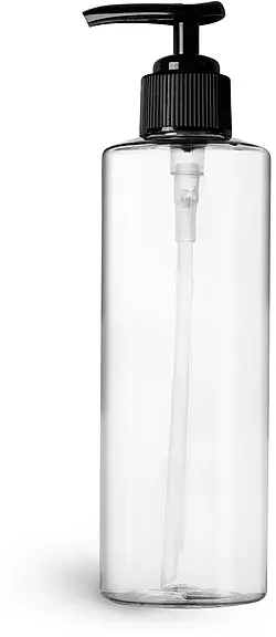 8 oz w/ black pump Clear PET Cylinder Bottles w/ Black Ribbed Polypropylene Lotion Pumps