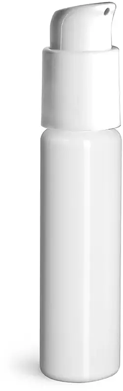 1 oz w/ Pump White PET Slim Line Cylinder Bottles w/ White Treatment Pumps