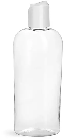 8 oz Clear PET Cosmo Oval Bottles w/ White Disc Top Caps