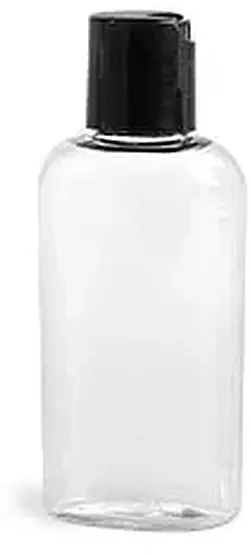 2 oz Clear PET Cosmo Oval Bottles w/ Black Disc Top Caps