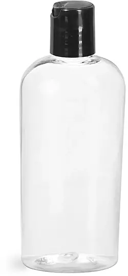 4 oz Clear PET Cosmo Oval Bottles w/ Black Disc Top Caps