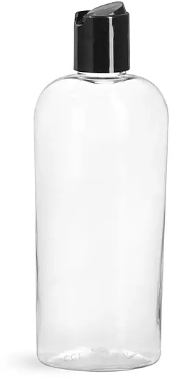 8 oz Clear PET Cosmo Oval Bottles w/ Black Disc Top Caps