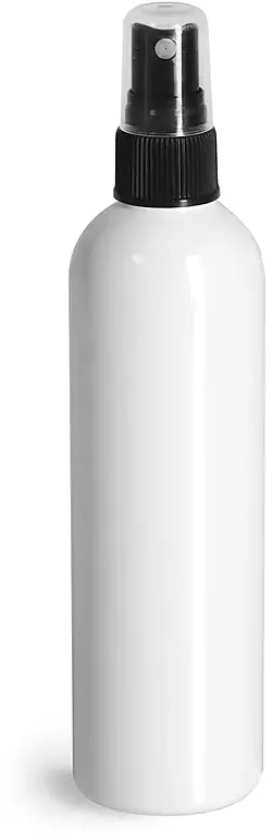 4 oz White PET Cosmo Round Bottles w/ Black Sprayers