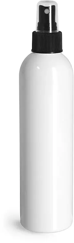 8 oz White PET Cosmo Round Bottles w/ Black Sprayers