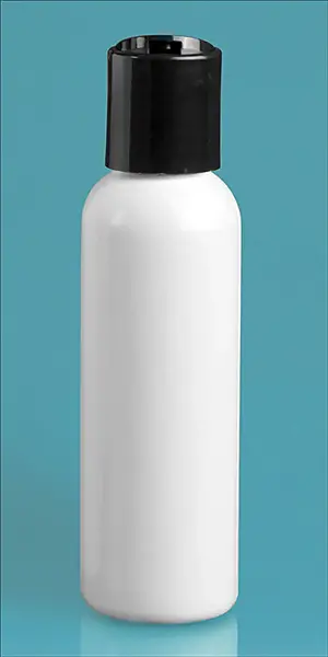 2 oz White PET Cosmo Round Bottles w/ Black Disc Top Caps