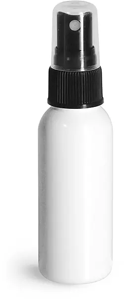1 oz  Plastic Bottles, White PET Cosmo Round Bottles w/ Black Sprayers