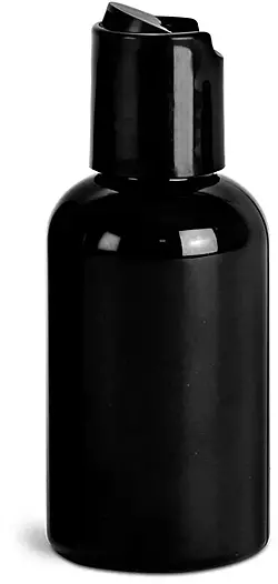2 oz Black PET Round Bottles w/ Black Disc Top Caps