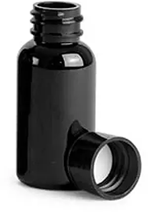 1 oz Black PET Round Bottles w/ Black Smooth PE Lined Caps