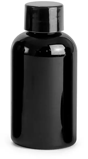 2 oz Black PET Round Bottles w/ Black Smooth PE Lined Caps