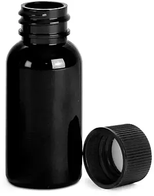 1 oz Black PET Round Bottles w/ Black Ribbed F217 Lined Caps