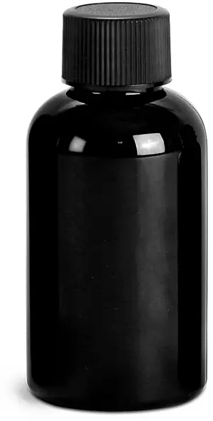 2 oz Black PET Round Bottles w/ Black Ribbed F217 Lined Caps