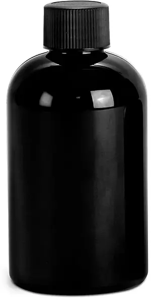 4 oz Black PET Round Bottles w/ Black Ribbed F217 Lined Caps