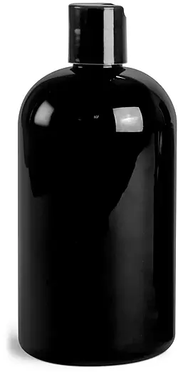 16 oz Black PET Boston Round Bottles w/ Black Disc Top Caps