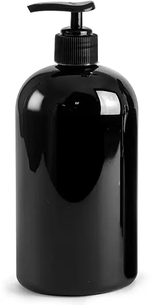 16 oz PET Plastic Bottles, Black Boston Round Bottles w/ Black Pumps