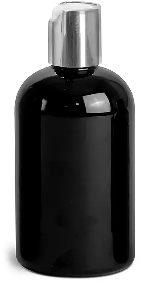 4 oz Black PET Boston Round Bottles w/ Silver Disc Top Caps