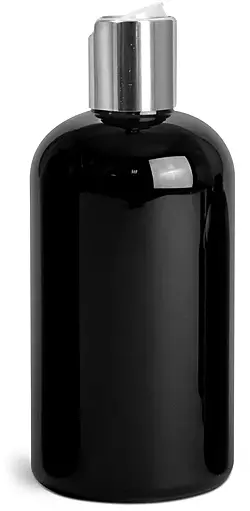 8 oz Black PET Boston Round Bottles w/ Silver Disc Top Caps