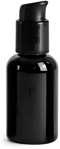 2 oz PET Plastic Bottles, Black Boston Round Bottles w/ Black Pumps