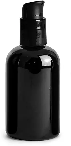 4 oz PET Plastic Bottles, Black Boston Round Bottles w/ Black Pumps