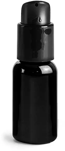 1 oz  PET Plastic Bottles, Black Boston Round Bottles w/ Black Pumps