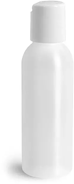 2 oz Plastic Bottles, Natural HDPE Cosmo Round Bottles w/ White Disc Top Caps