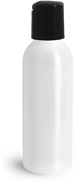 2 oz Plastic Bottles, Natural HDPE Cosmo Round Bottles w/ Black Disc Top Caps