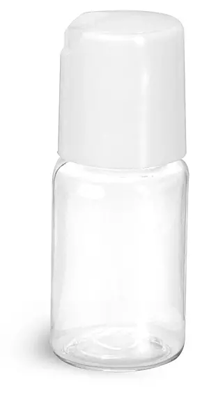 1/2 oz Clear PET Round Bottles w/ White Disc Top Caps