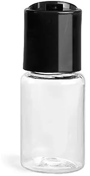 1/2 oz Clear PET Round Bottles w/ Black Disc Top Caps